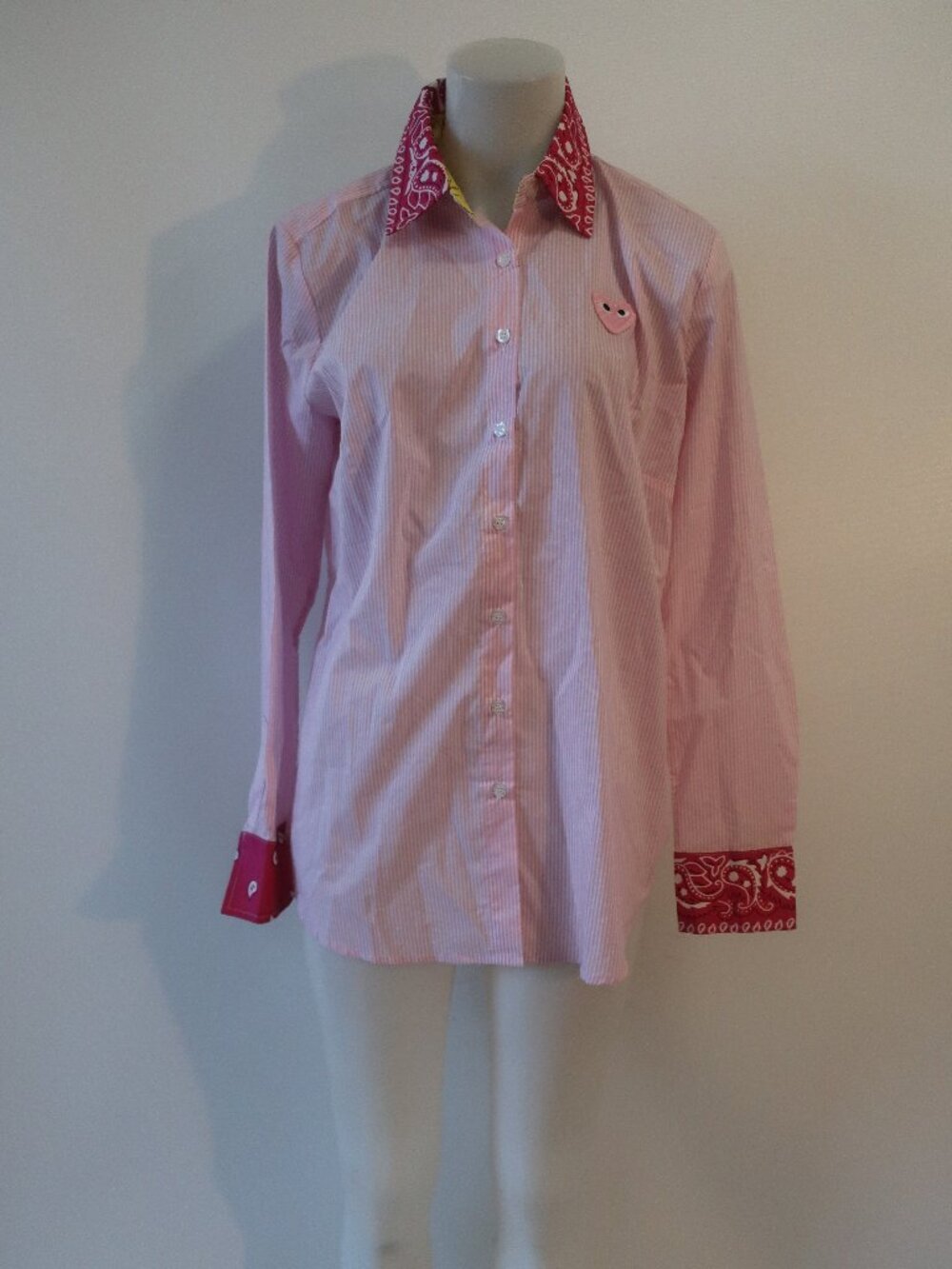 NWT Womens Romi Basha Pink, White Striped Bandana Collar Button Down Shirt O/S *